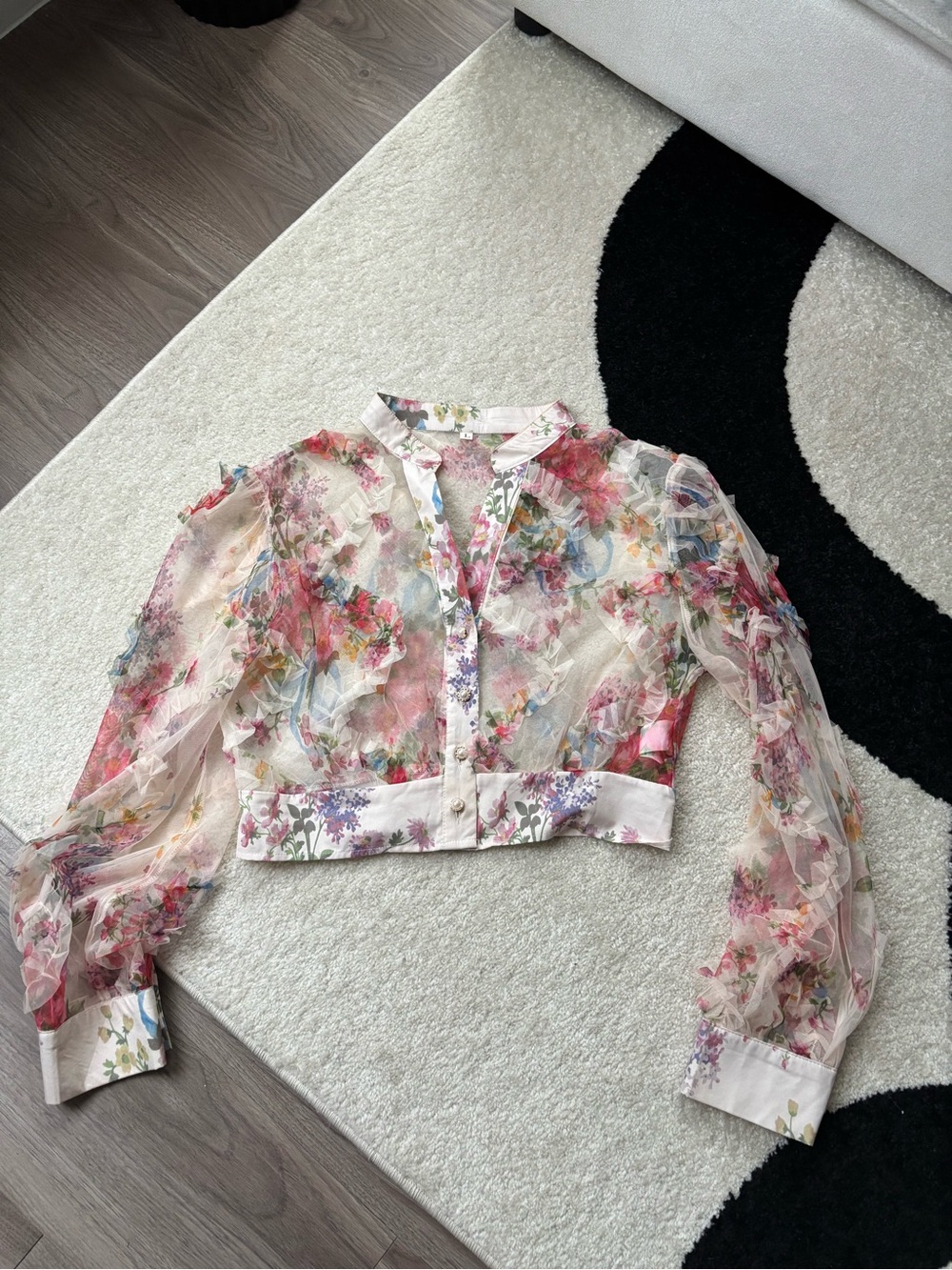 Floral Sheer Cropped Blouse - Pink Multi